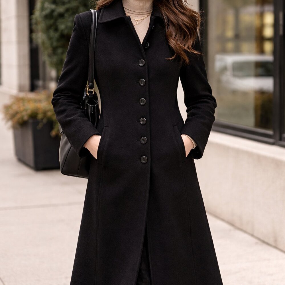 Classic Black Long Trench Coat - Women's Tailored Wool-Blend